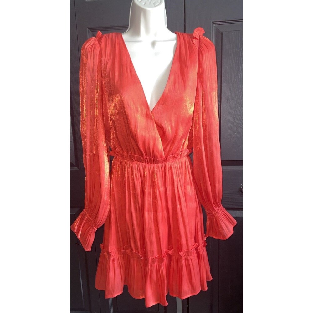 VICI Red Metallic Wrap Mini Dress S Long Sleeve Shimmer Party Cocktail Holiday